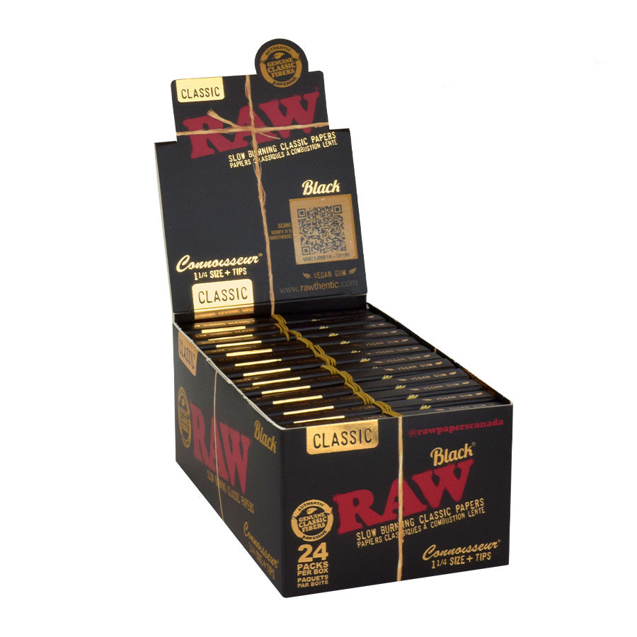 RAW | Black Natural Unrefined Artisan Connoisseur Papers w/ Tips – 1¼ Size (24 packs)