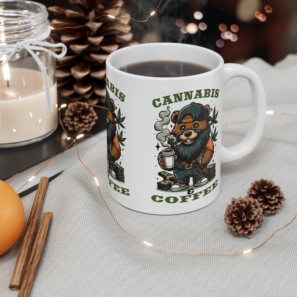 Cannabis & Coffee Bear Mug — 11oz Ceramic Coffee Cup for Cannabis Lovers
