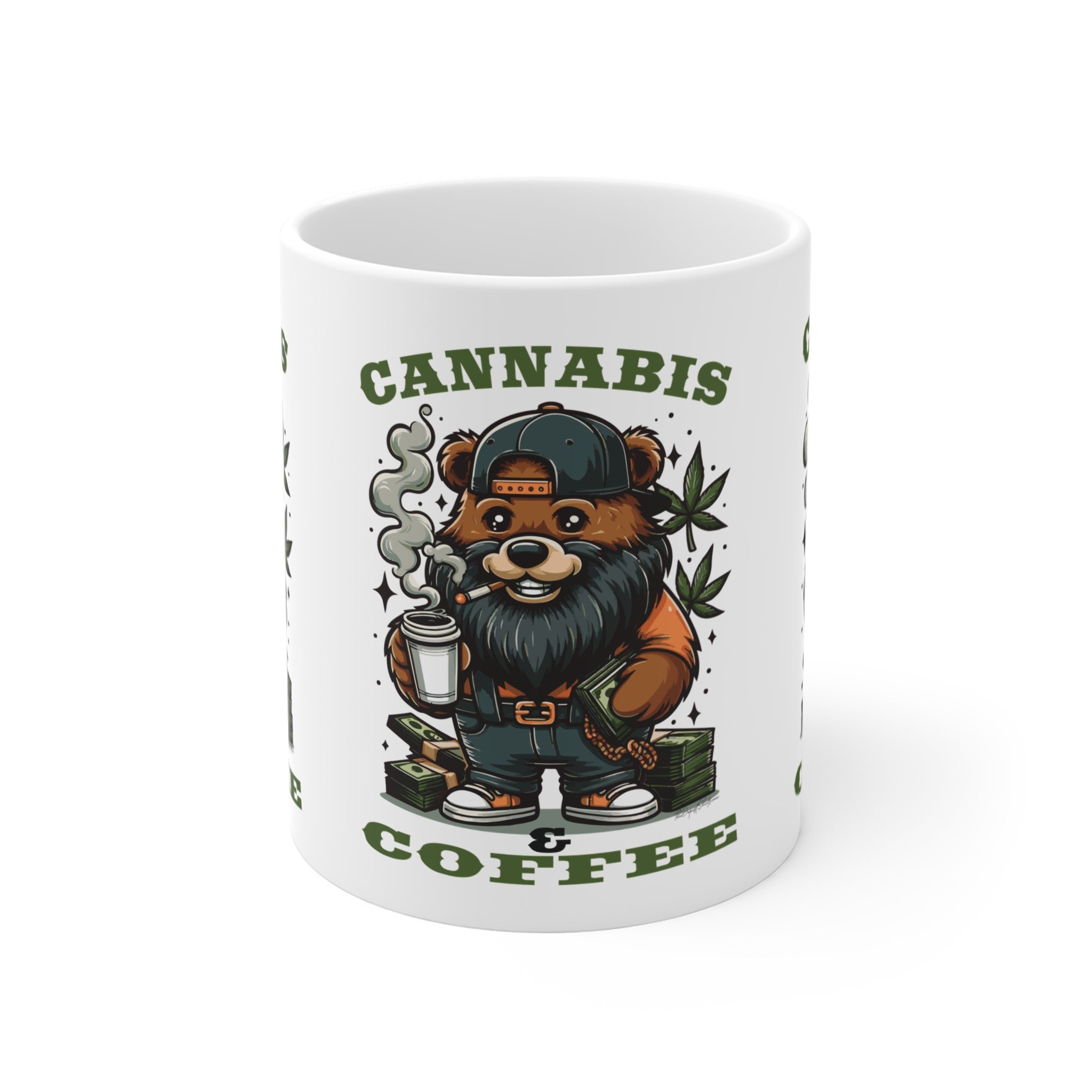 Cannabis & Coffee Bear Mug — 11oz Ceramic Coffee Cup for Cannabis Lovers