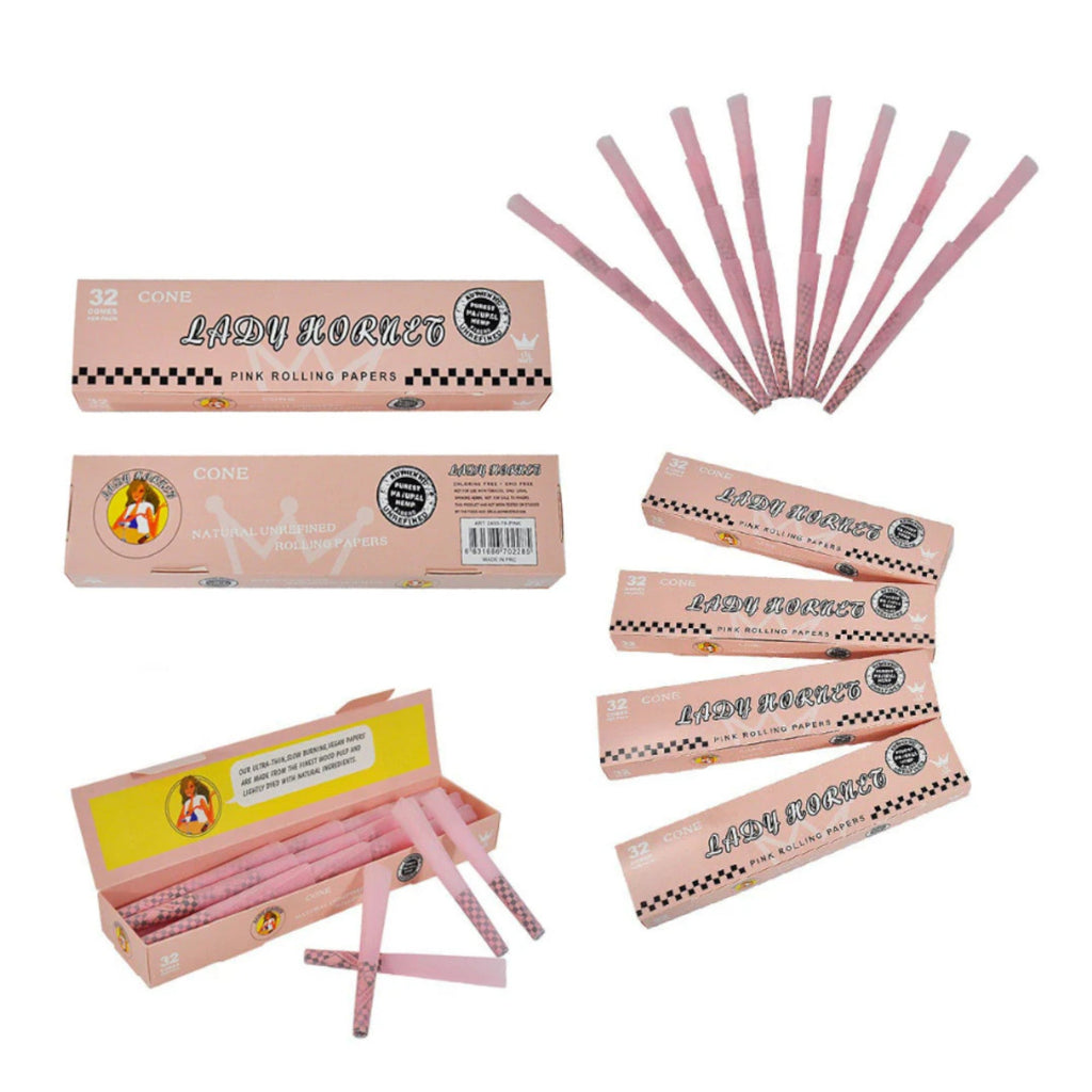 Lady Hornet Pink Pre-Rolled Cones – 78mm | Natural Unrefined Rolling Papers - 32 packs