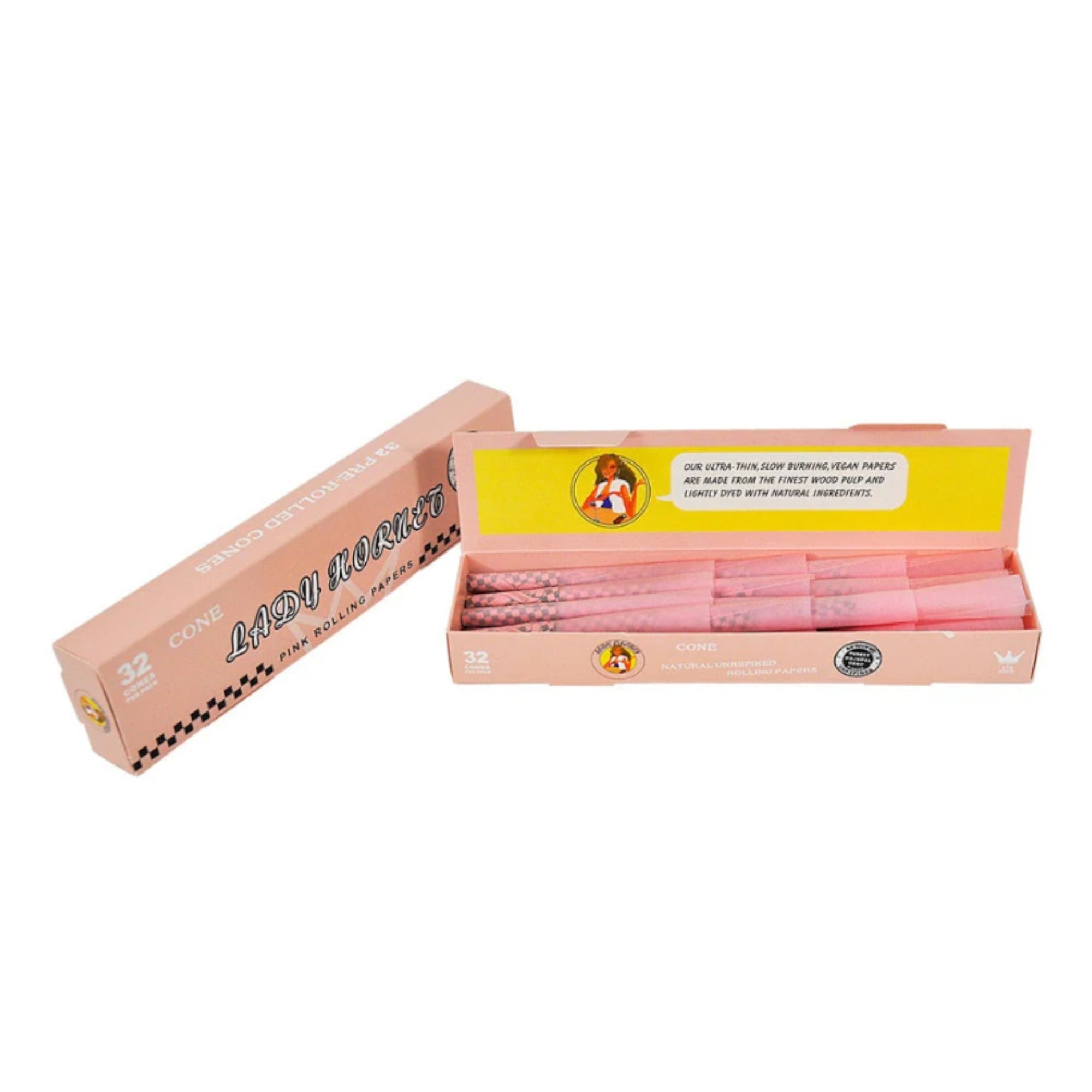 Lady Hornet Pink Pre-Rolled Cones – 78mm | Natural Unrefined Rolling Papers - 32 packs