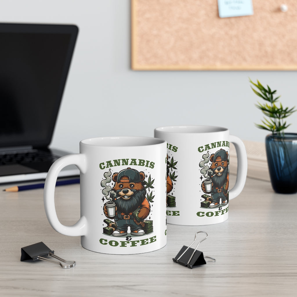 Cannabis & Coffee Bear Mug — 11oz Ceramic Coffee Cup for Cannabis Lovers