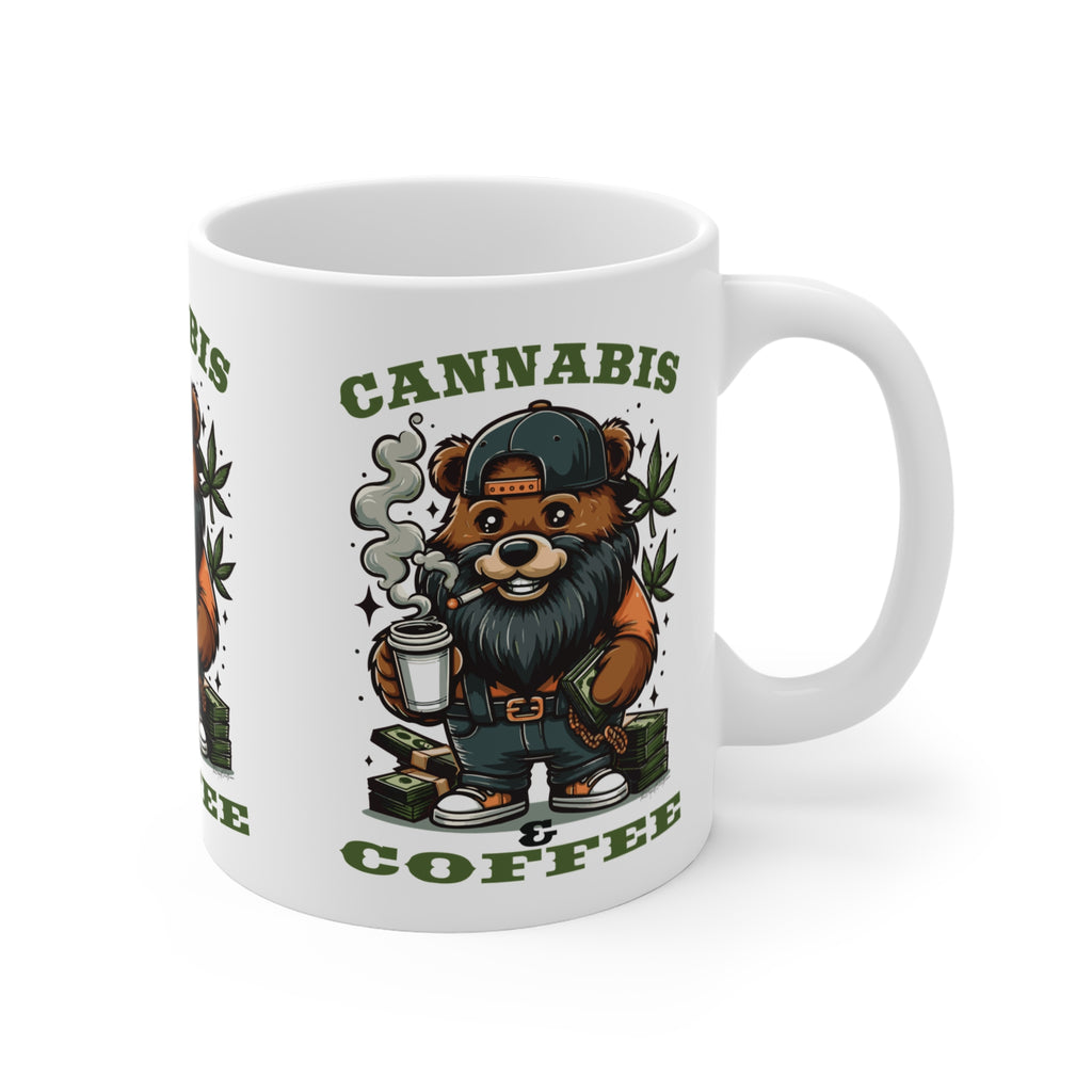 Cannabis & Coffee Bear Mug — 11oz Ceramic Coffee Cup for Cannabis Lovers