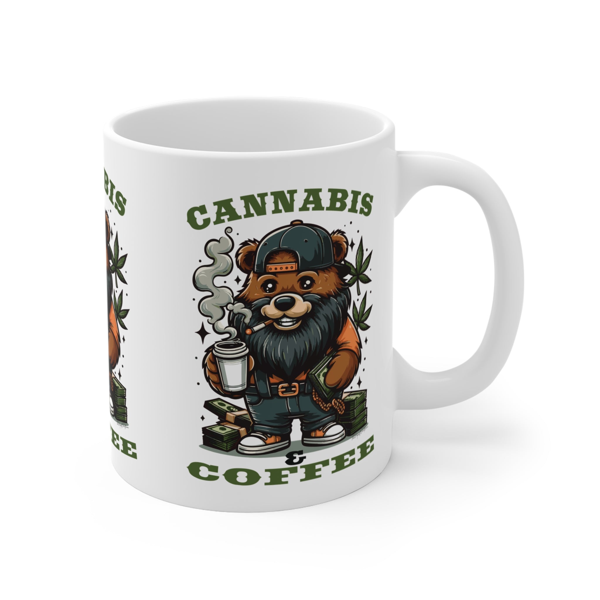Cannabis & Coffee Bear Mug — 11oz Ceramic Coffee Cup for Cannabis Lovers