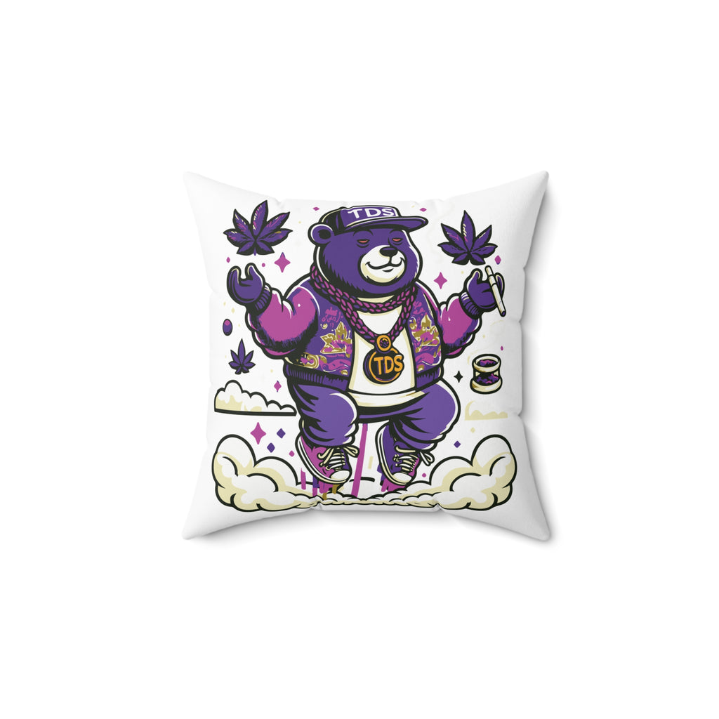 Stoner Bear Decorative Pillow — 'Roll Up & Smoke' Purple Cannabis Graphic Throw Pillow