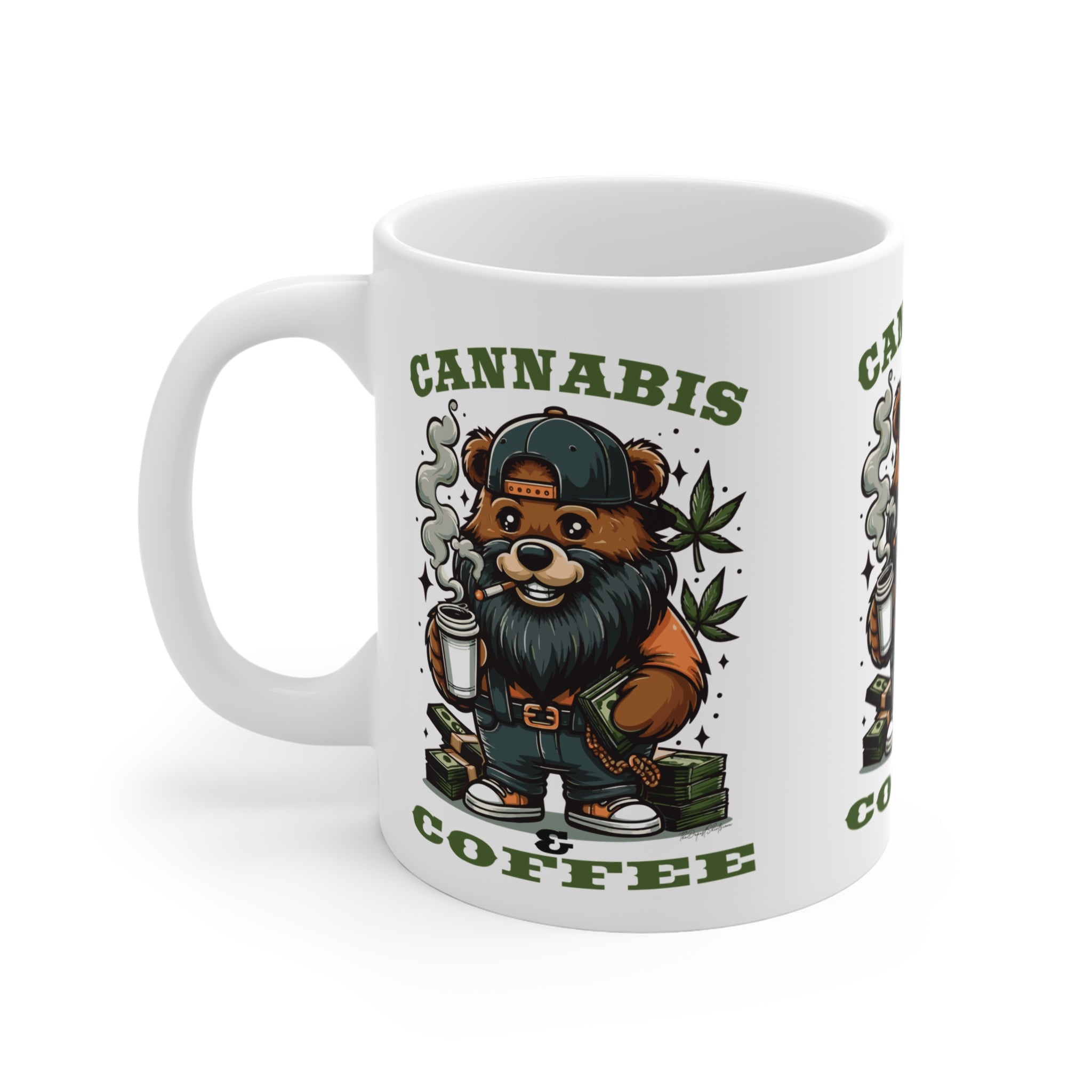 Cannabis & Coffee Bear Mug — 11oz Ceramic Coffee Cup for Cannabis Lovers