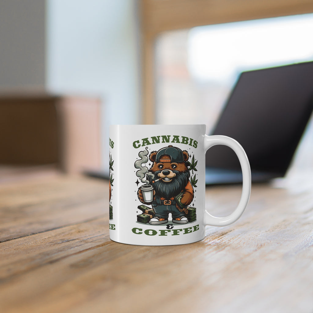 Cannabis & Coffee Bear Mug — 11oz Ceramic Coffee Cup for Cannabis Lovers