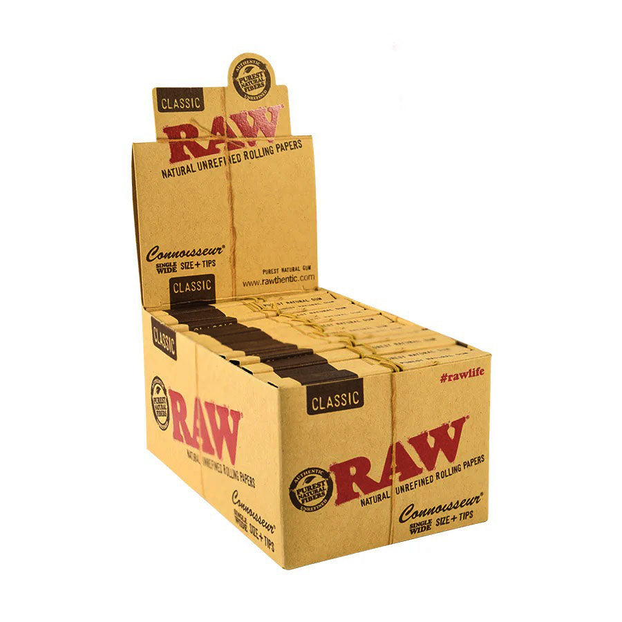 RAW | Classic Connoisseur Single wide Rolling Paper w/Tips - 24 packs [CP1213]